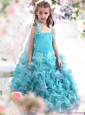 Straps Appliques and Ruffled Layers Pageant Dresses for Kids in Aque Blue