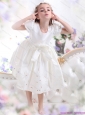 White Scoop 2015 Little Girl Pageant Dress with Bowknot and Cap Sleeves