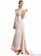 Popular Champagne One Shoulder Ruching Prom Dresses with Brush Train