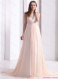 2015 Brush Train Long Prom Dresses with Beading and Ruching