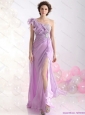 2015 Popular Empire One Shoulder Prom Dress with Beading and High Slit