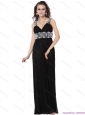 2015 Pretty Black Long Prom Dresses with White Appliques