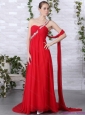 Elegant 2015 One Shoulder Red Prom Dress with Beadings and Brush Train