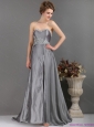 Modest Brush Train Sliver Prom Dresses with Appliques and High Slip