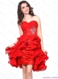 Modest Red Ruching Sweetheart Prom Dresses with Beading and Ruffles