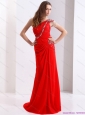 Popular 2015 One Shoulder Red Prom Dress with Beadings and Brush Train