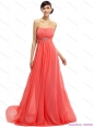Watermelon Beading Long Prom Dresses with Ruching and Sweep Train