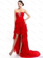 High Low Ruffled Layers Beading Red Prom Dresses for 2015