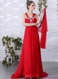 2015 Beautiful Empire Red Plus Size Prom Dress with Brush Train and Beading