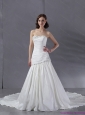 2015 New Ruched Beaded Strapless White Wedding Dresses with Chapel Train