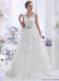 2015 New and Unique Brush Train White Wedding Dresses with Lace and Beading