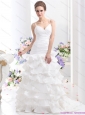 2015 New Ruching White Wedding Dresses with Ruffled Layers and Brush Train