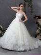 2015 New Style Ruffled White Wedding Dresses with Chapel Train