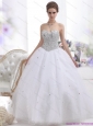 2015 New Sweetheart Floor Length White Wedding Dresses with Brush Train and Rhinestones