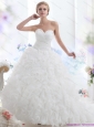 2015 New Sweetheart Ruffles and Beading White Wedding Dresses with Brush Train