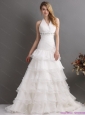 2015 New White Halter Top Beading Wedding Dresses with Ruffled Layers and Brush Train