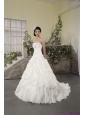 2015 New White Strapless Ruffled Wedding Dresses with Chapel Train and Beading