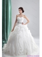 2015 New White Sweetheart Ruching Wedding Dresses with Brush Train and Beading