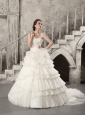 Plus Size White One Shoulder Chapel Train Wedding Dresses with Ruffled Layers
