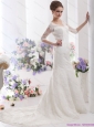 White V Neck Lace Wedding Dresses with  Brush Train and Half Sleeves