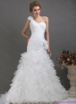 2015 Plus Size One Shoulder Wedding Dress with Ruching and Hand Made Flowers