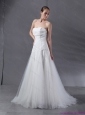 2015 White Strapless Beach Wedding Dresses with Brush Train and Appliques