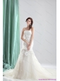White Chapel Train Strapless Wedding Beach Dresses with Ruching and Hand Made Flowers