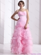 Baby Pink Sweetheart Ruching Beach Wedding Dresses with Ruffles and Beading
