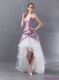 Short Ruched High Low Beaded Wedding Dresses in White and Lilac
