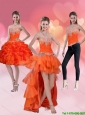 2015 Detachable High Low Sweetheart Orange Red Prom Dresses with Ruffles and Beading