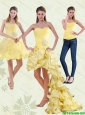 2015 Detachable  Yellow Sweetheart High Low Prom Dress with Beading and Ruffled Layers