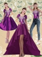 Detachable Classical High Low Embroidery Dark Purple Prom Dresses for 2015