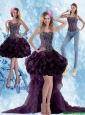 Detachable Elegant High Low Dark Purple Prom Dress with Ruffled Layers and Beading
