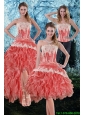 Detachable Inexpensive 2015 Appliques and Ruffles Strapless Prom Dress in Watermelon
