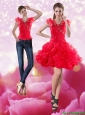Detachable Gorgeous 2015 Knee Length Red Prom Dress with Beading and Ruffles