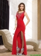 2015 Discount Beading and High Slit Scoop Empire Prom Dresses in Red