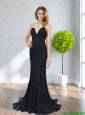 2015 Romantic Halter Top Backless Beading Black Elegant Bridesmaid Dresses with Brush Train