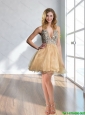 Cheap 2015 Beading Gold Backless V Neck Prom Dress