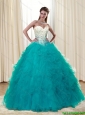 Modest 2015 Ball Gown Beading and Ruffles Turquoise Prom Dresses