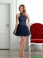 Perfect 2015 High Neck Beading Criss Cross Prom Dress in Navy Blue