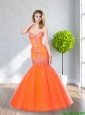 2015 Discount Mermaid Sweetheart Tulle Orange Red Prom Dresses with Beading