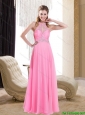 2015 High Neck Floor Length Modest Prom Dress with Beading and Brush Train