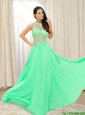 2015 Modest Bateau Long Prom Dress with Appliques and Brush Train