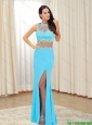 2015 Modest Bateau Prom Dress with Appliques and High Slit