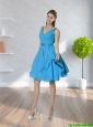 2015 New Arrivals V Neck Baby Blue Prom Dress with Ruching and Belt