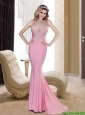 Modest 2015 Mermaid Scoop Backless Rose Pink Cheap Bridesmaid Dresses with Beading