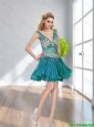 Plus Size Turquoise V Neck Backless 2015 Prom Dress with Paillette