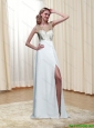 Popular Scoop High Slit White Floor Length Prom Dress for 2015