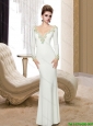 Elegant V Neck Long Sleeves White Prom Dresses for 2015 Spring