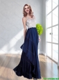 Perfect Bateau Floor Length Navy Blue Cheap Bridesmaid Dress with Lace and Ruching